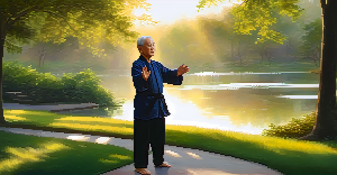 An elderly man performing tai chi in a tranquil park during sunrise, surrounded by greenery and a pond.