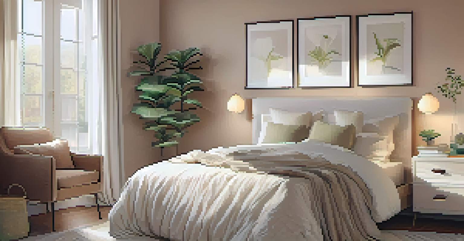 A cozy bedroom with a neatly made bed and calming colors, illuminated by warm bedside lamp light.