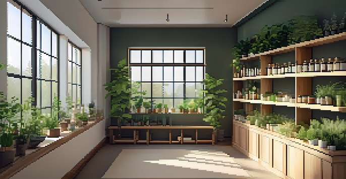 Interior of a naturopathic clinic with wooden shelves, herbs, and natural light.