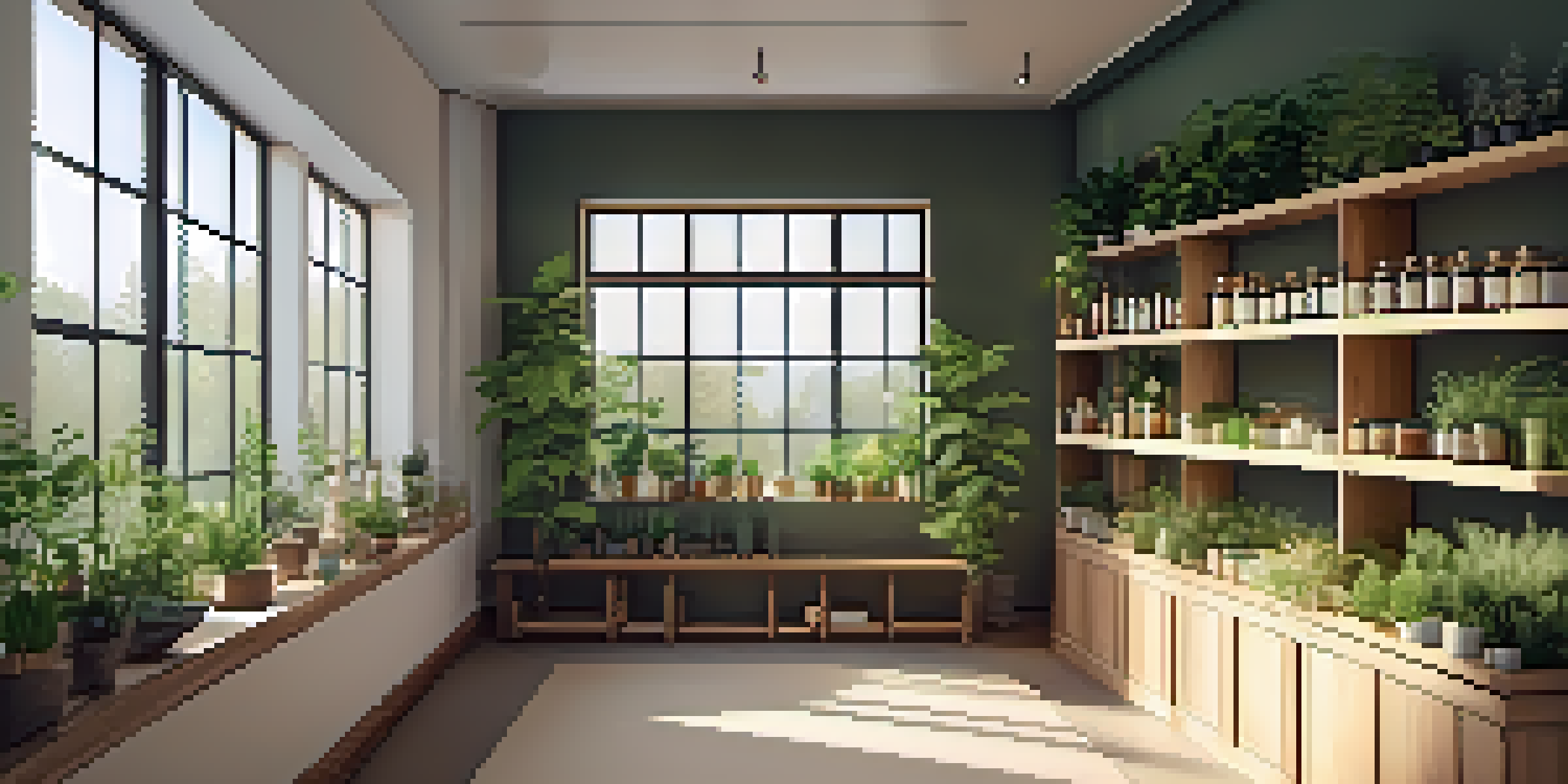 Interior of a naturopathic clinic with wooden shelves, herbs, and natural light.