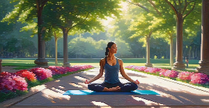 An athlete practicing yoga in a peaceful park with trees and flowers, showcasing calmness and concentration.