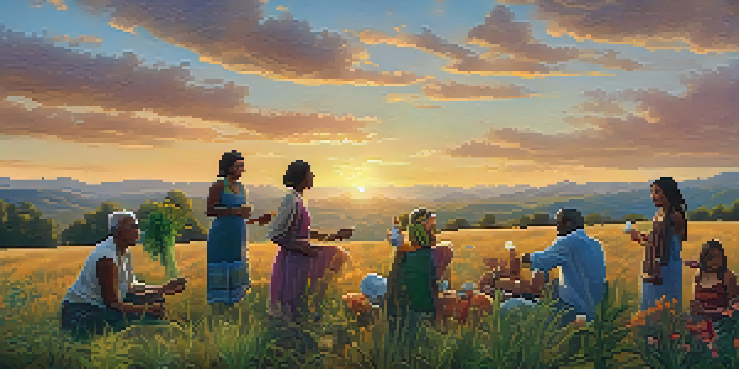 A diverse group of people sharing stories and herbs in an open field at sunset.