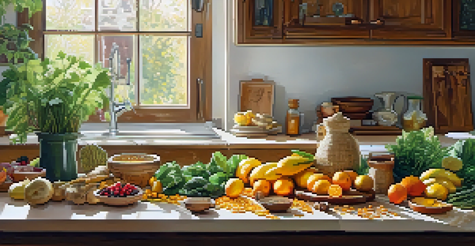 A colorful kitchen filled with fresh anti-inflammatory foods like turmeric, ginger, garlic, and various fruits and vegetables, illuminated by sunlight.