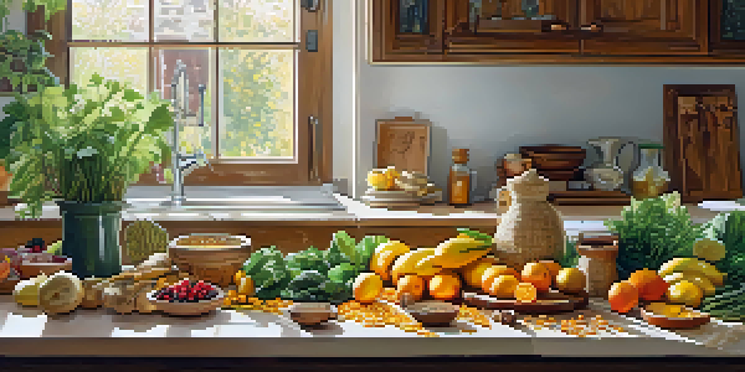 A colorful kitchen filled with fresh anti-inflammatory foods like turmeric, ginger, garlic, and various fruits and vegetables, illuminated by sunlight.