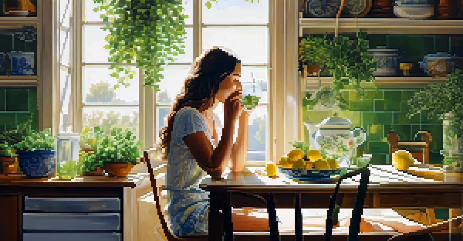 A person enjoying a glass of lemon and mint-infused water at a sunlit kitchen table, surrounded by fresh fruits and potted herbs.