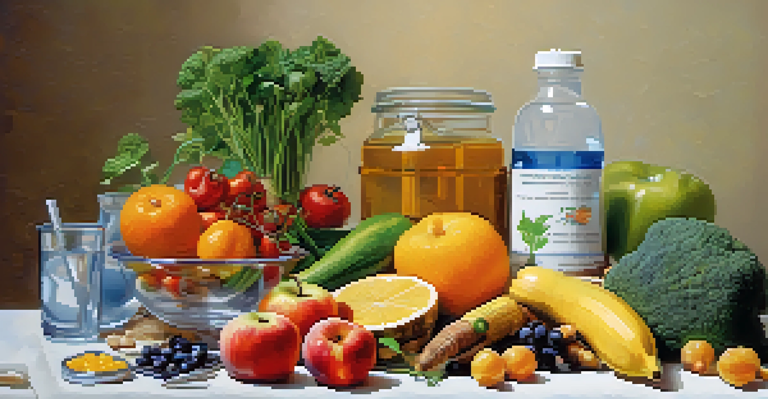 A table displaying healthy foods and medical tools, illustrating the balance between naturopathy and conventional medicine.