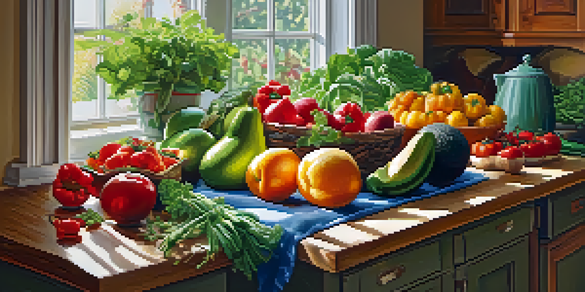 A wooden kitchen table covered with fresh fruits and vegetables under soft morning light.