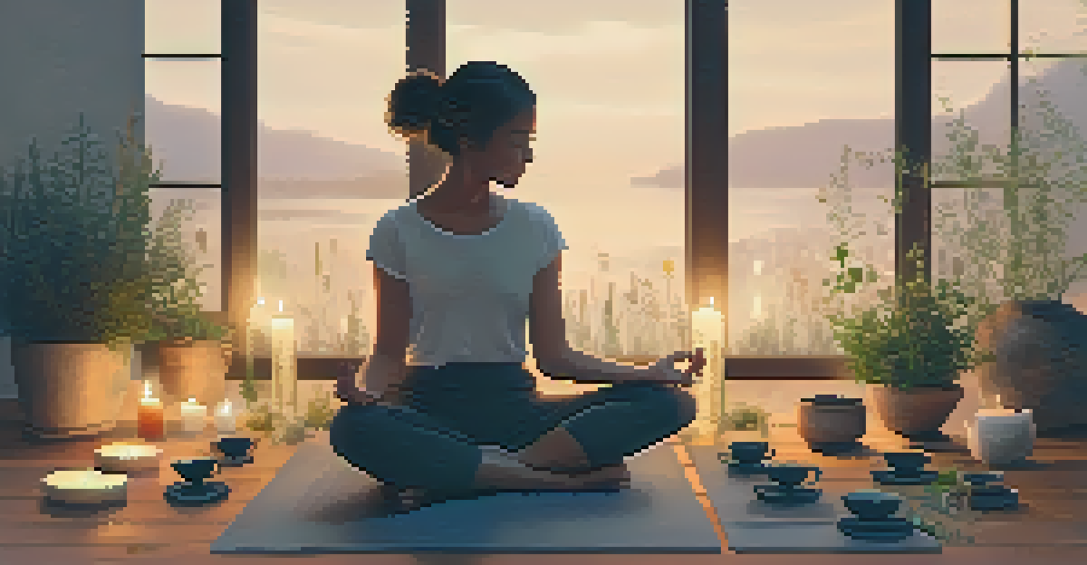 A peaceful meditation scene with a person sitting on a yoga mat surrounded by dried herbs and cups of herbal tea, illuminated by candlelight.