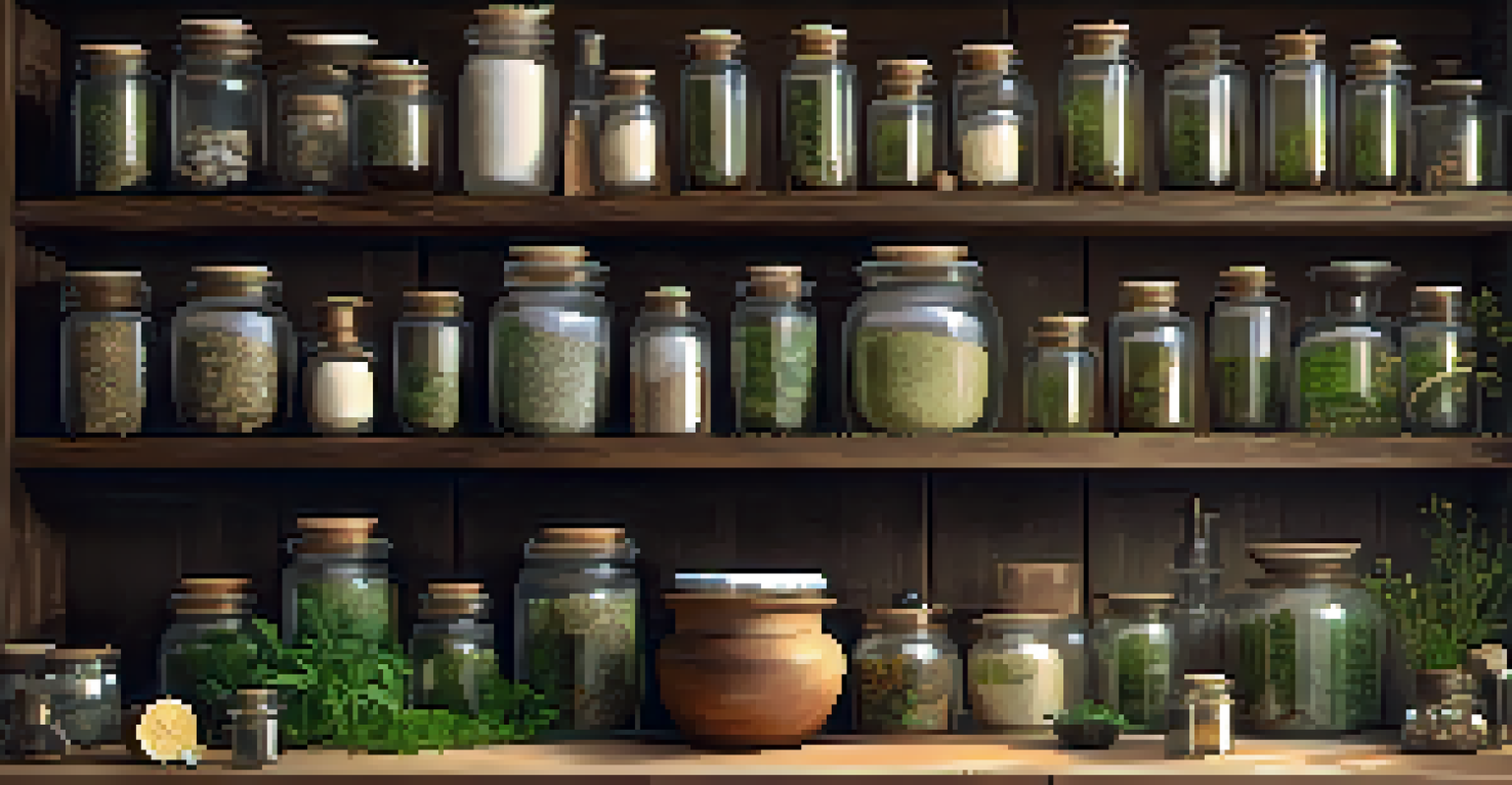 An herbal apothecary with jars of various herbs, soft lighting, and a display of fresh ginger, peppermint, and chamomile.