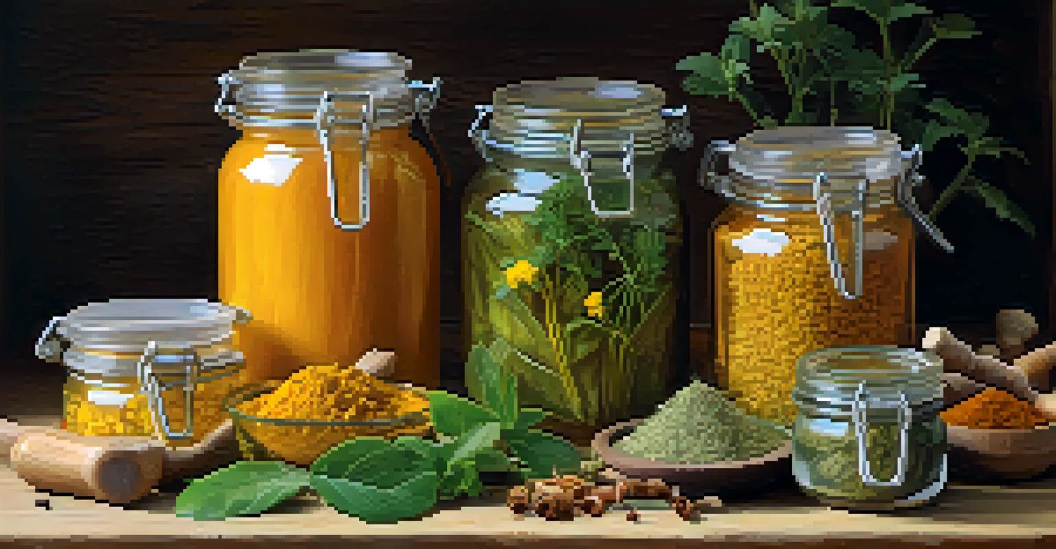 A close-up of jars filled with herbal remedies and fresh herbs on a wooden surface, showcasing an array of colors and textures.