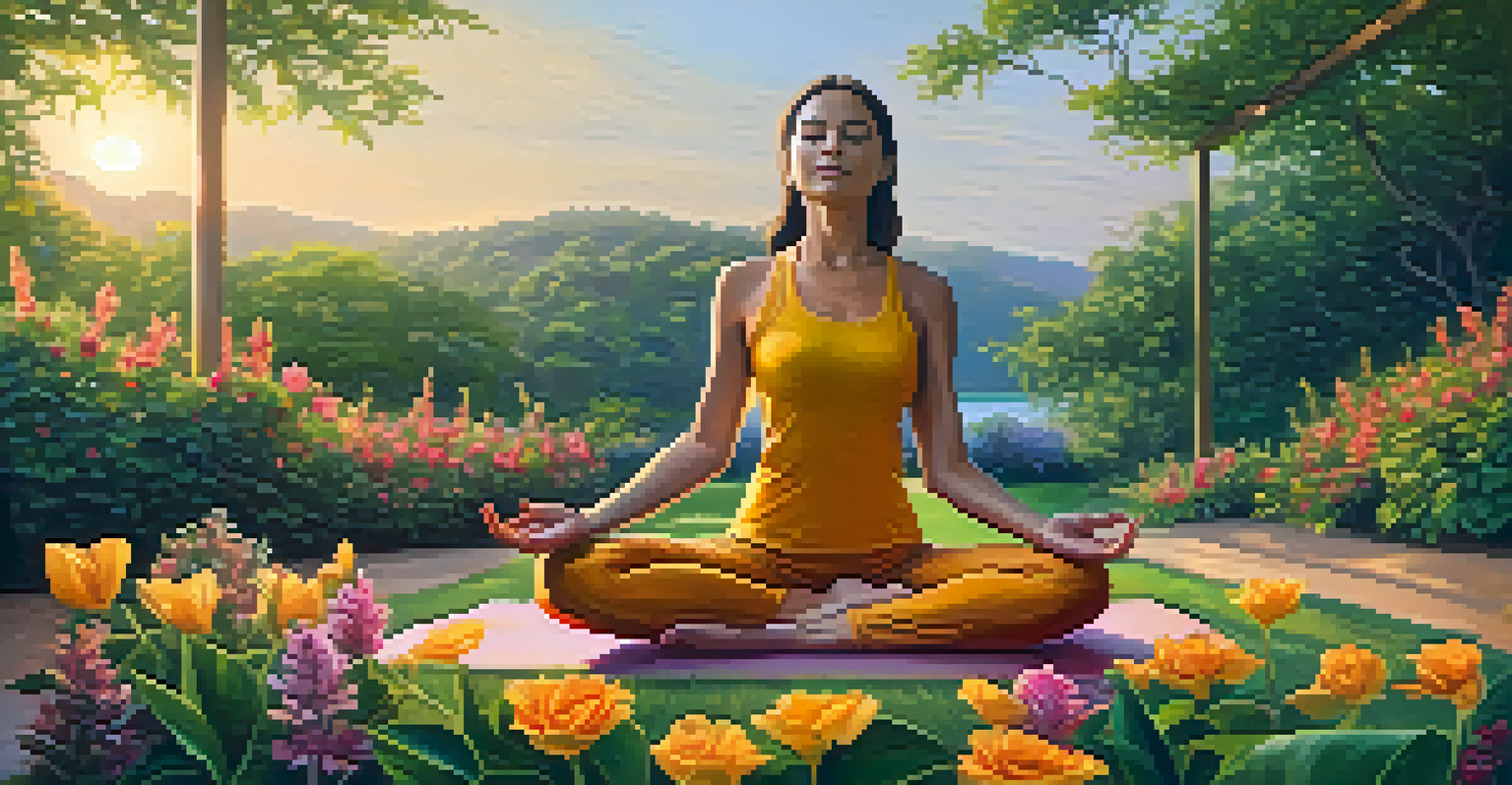 A person practicing yoga in a beautiful garden during sunset, surrounded by flowers and greenery, representing relaxation and wellness.