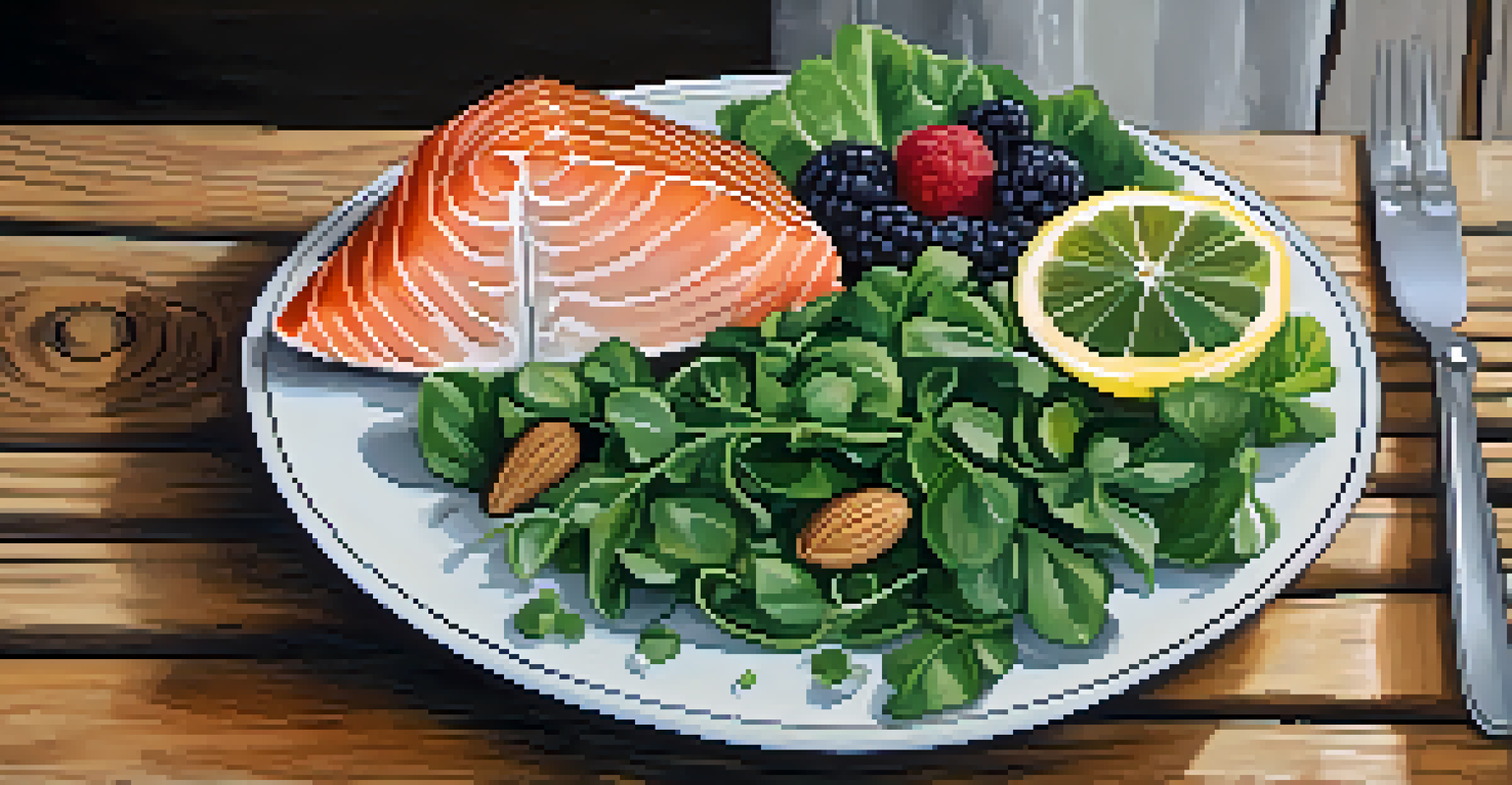A nutritious meal on a wooden table, featuring greens, nuts, and salmon, promoting healthy eating.