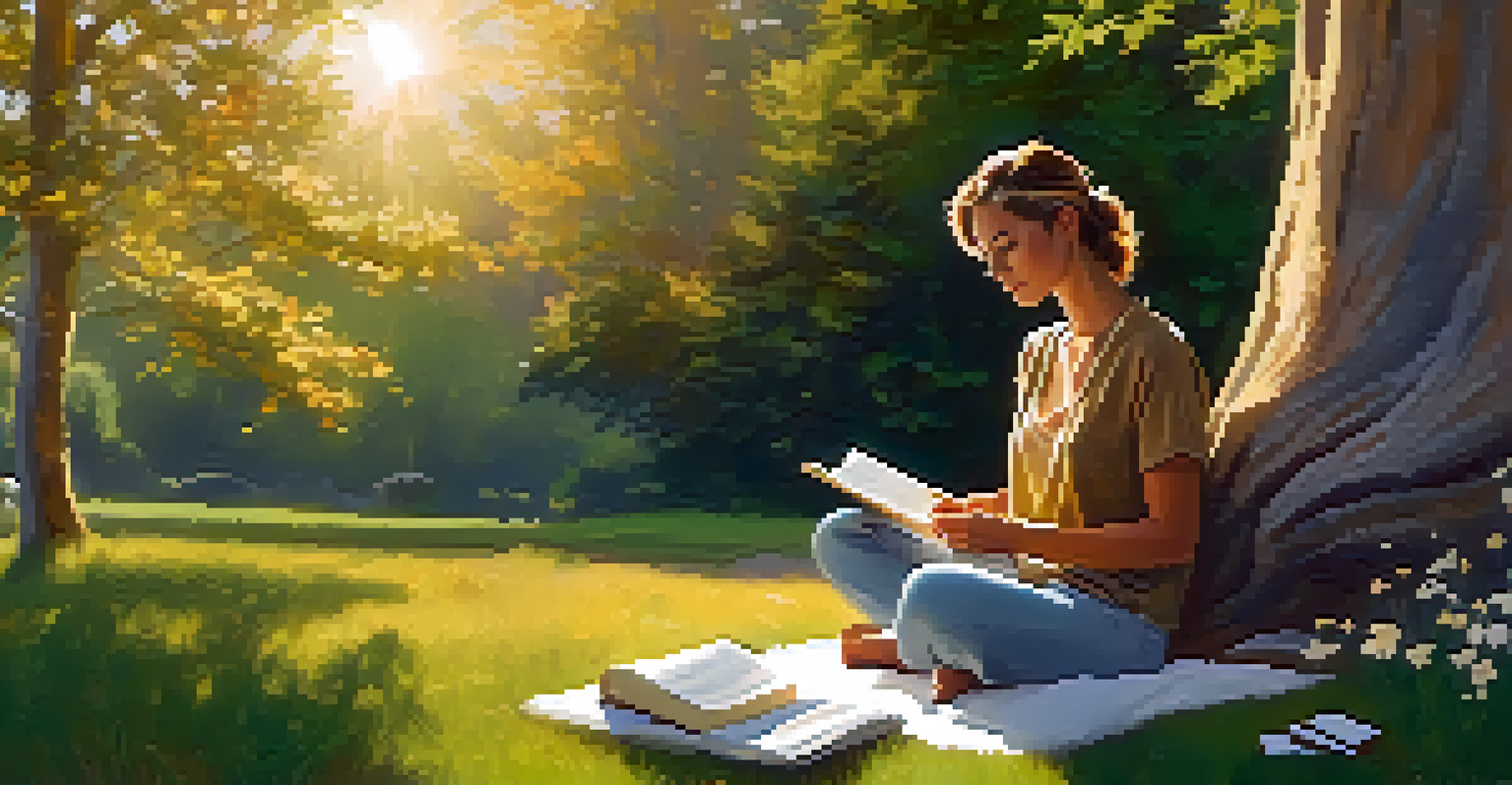 A person writing in a journal while sitting on a grassy knoll in a serene outdoor setting.