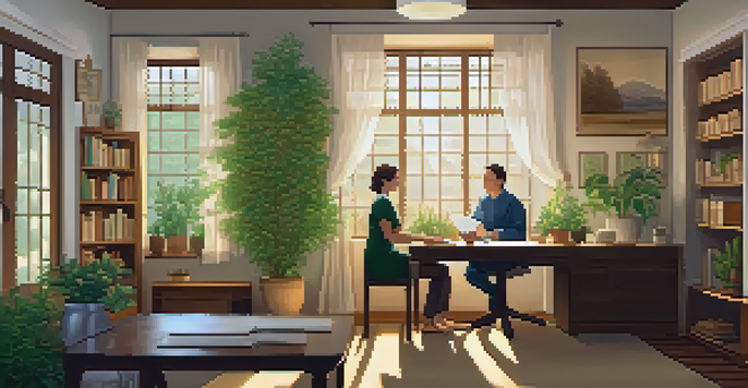 A naturopathic consultation between a practitioner and a patient in a cozy office filled with plants and natural light.