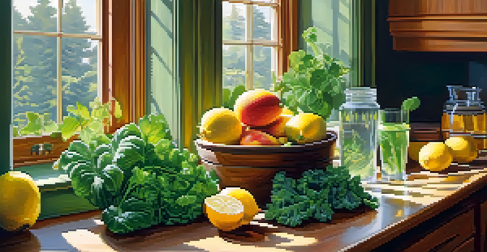 A bright kitchen with fresh fruits and leafy greens on a wooden counter, illuminated by sunlight, and a glass of infused water with lemon and cucumber.