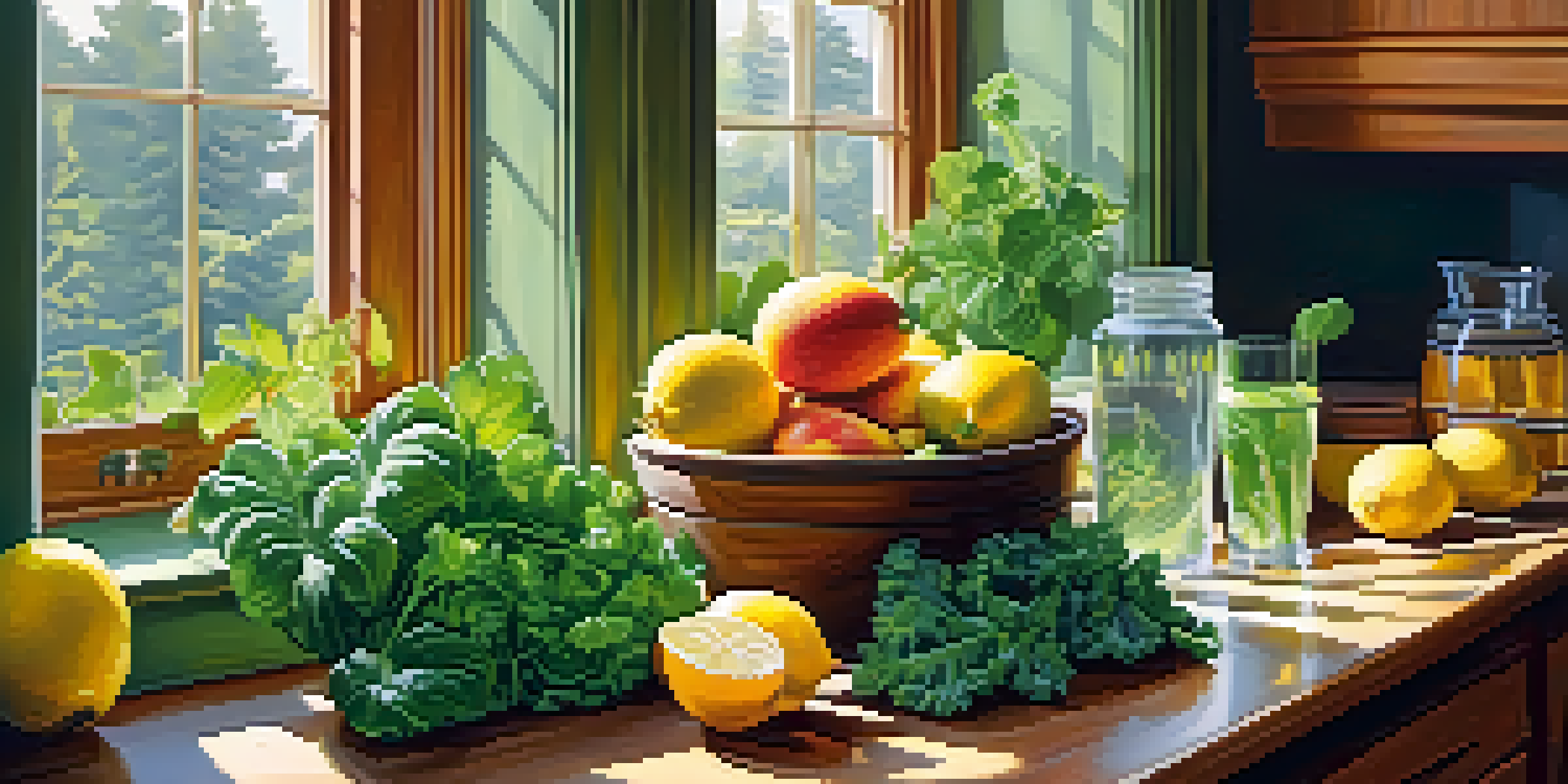 A bright kitchen with fresh fruits and leafy greens on a wooden counter, illuminated by sunlight, and a glass of infused water with lemon and cucumber.
