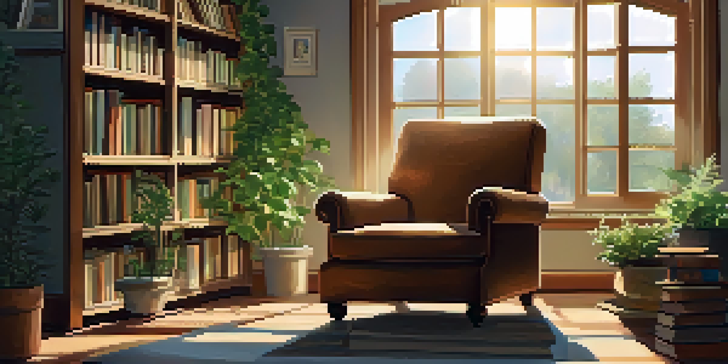A cozy indoor space with an armchair, a cup of herbal tea, and sunlight streaming through the window, surrounded by plants.