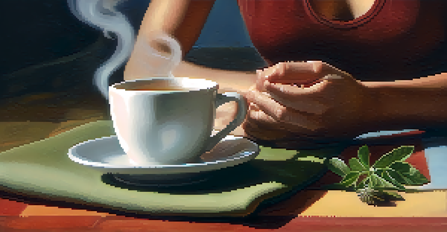 A close-up of hands holding a steaming cup of herbal tea on a yoga mat, with a person practicing yoga in the background.