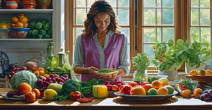 A cozy kitchen with a wooden table displaying fresh fruits and vegetables, with a person preparing a colorful salad in warm, natural light.