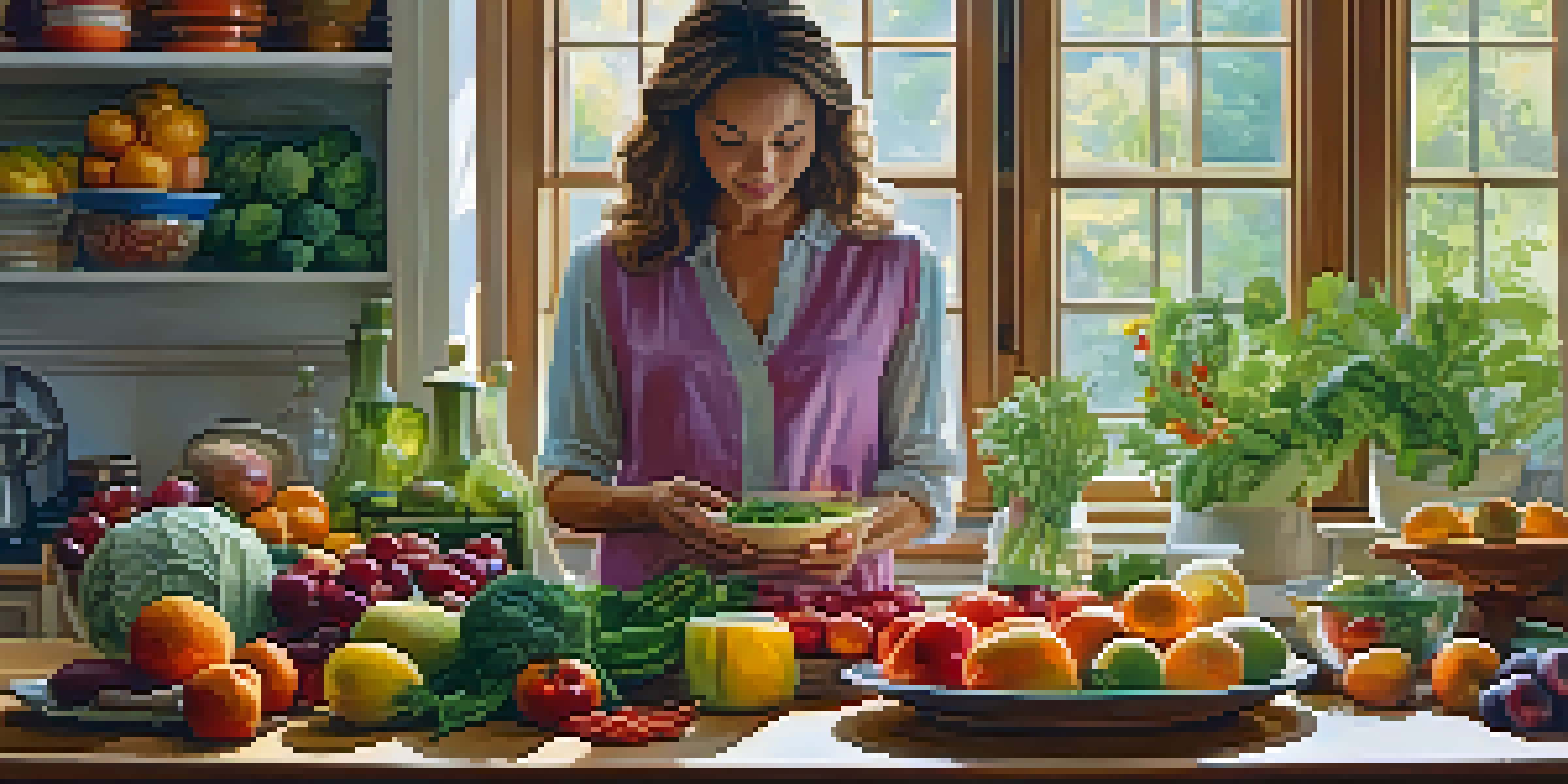 A cozy kitchen with a wooden table displaying fresh fruits and vegetables, with a person preparing a colorful salad in warm, natural light.