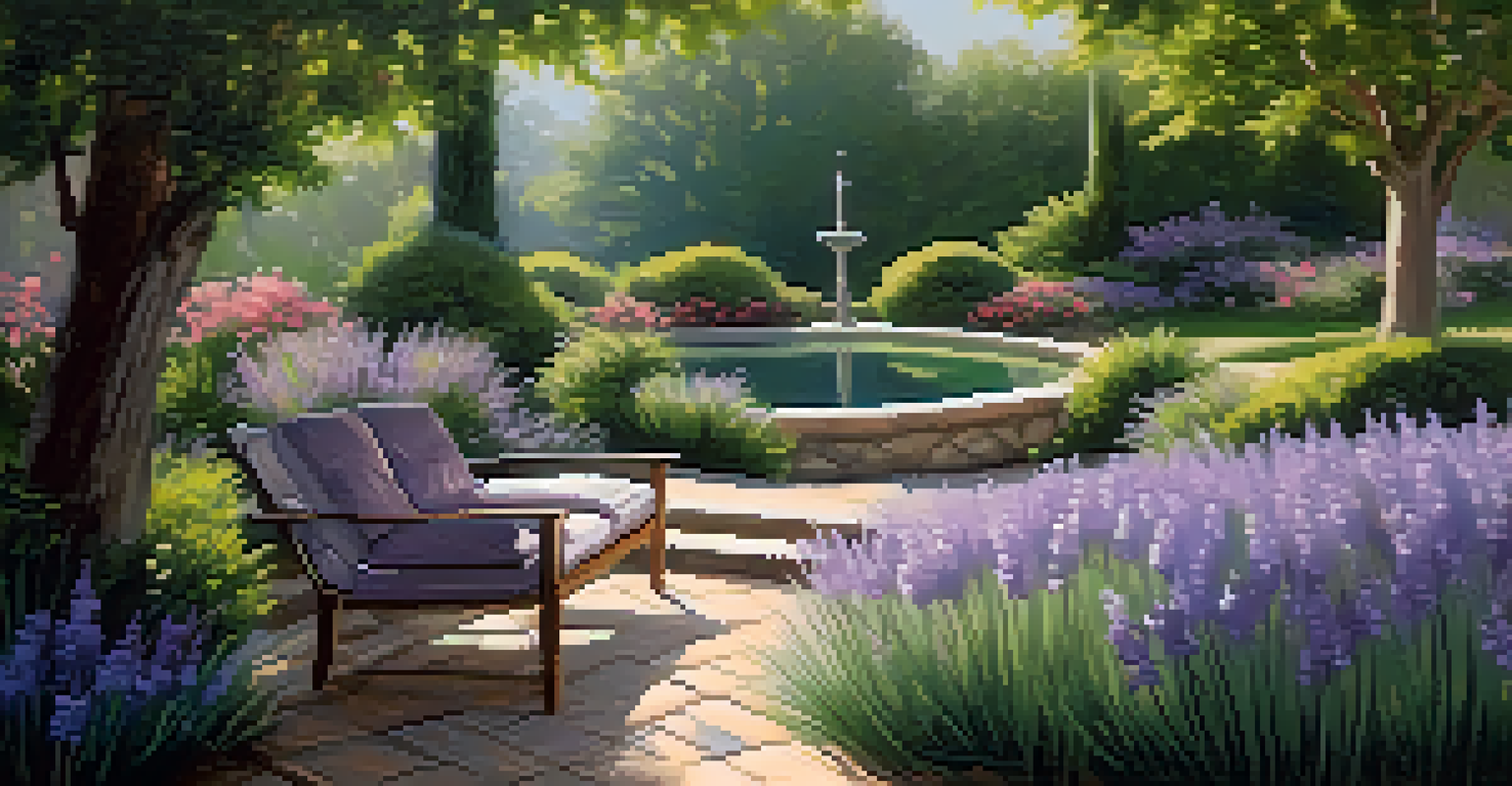 A peaceful garden filled with blooming lavender flowers under soft sunlight, with a comfortable seating area.