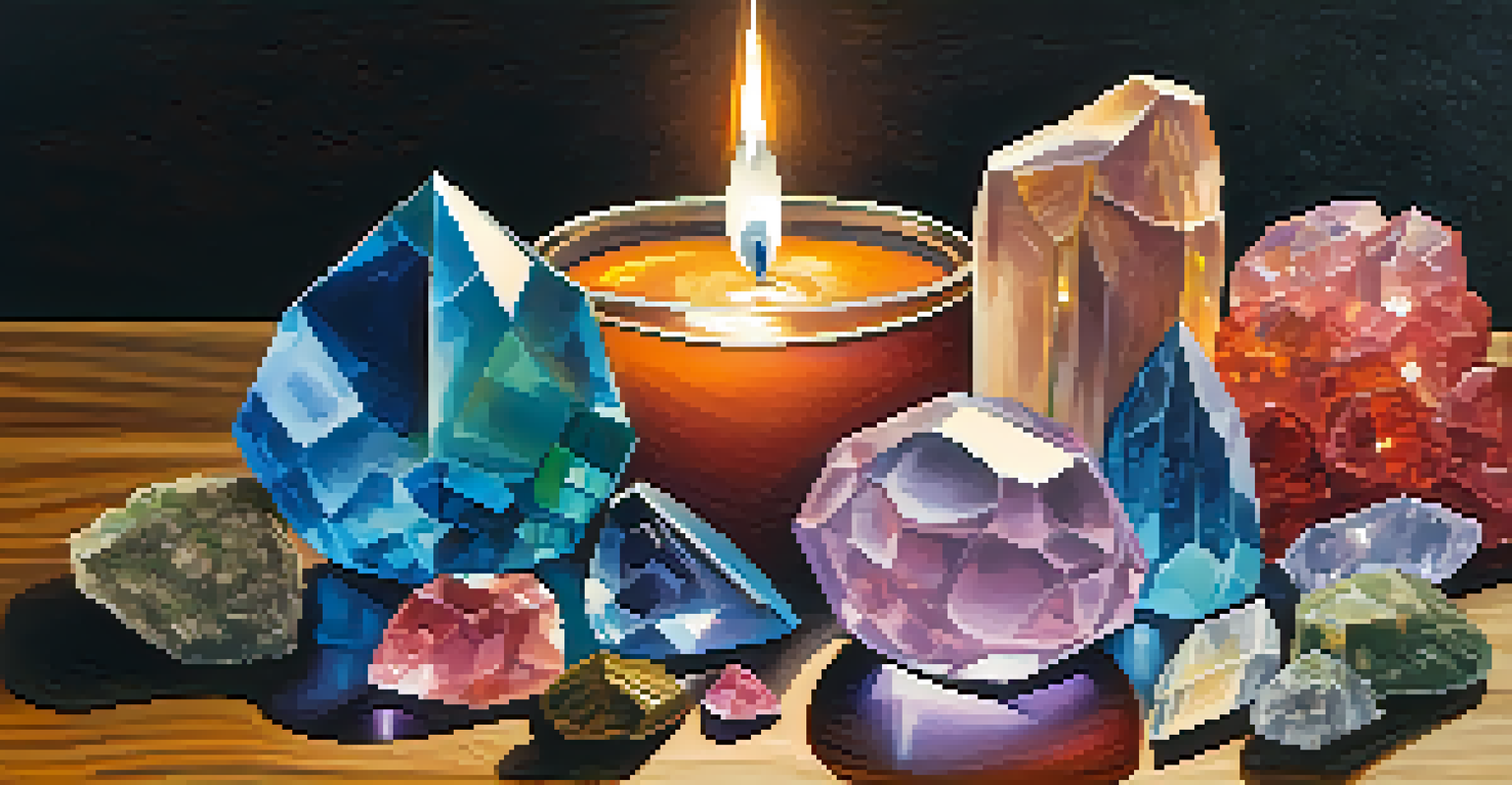 A collection of colorful crystals on a wooden surface with greenery and a candle.