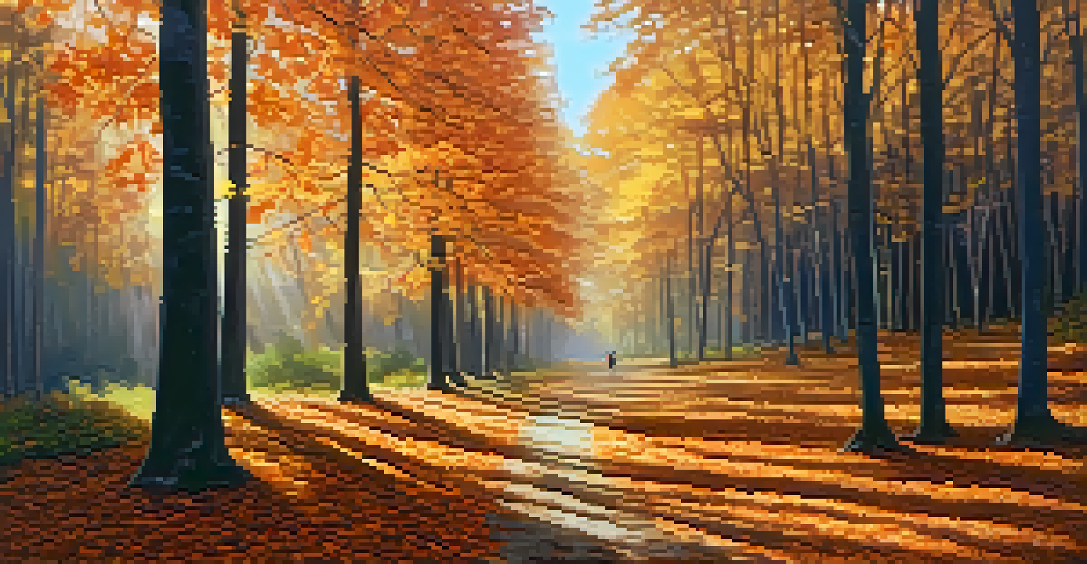 A person walking on a forest path covered with autumn leaves, surrounded by colorful trees.