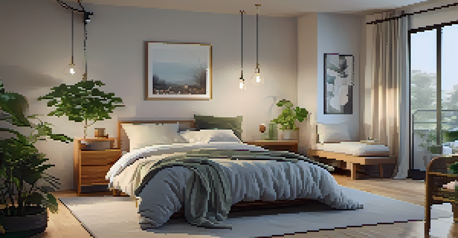 A serene bedroom scene highlighting the importance of sleep for gut health, with a cozy bed, a nightstand with water, and a calming atmosphere.