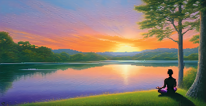 A person practicing yoga on a grassy hill at sunset, surrounded by trees and a calm lake, promoting tranquility and wellness.