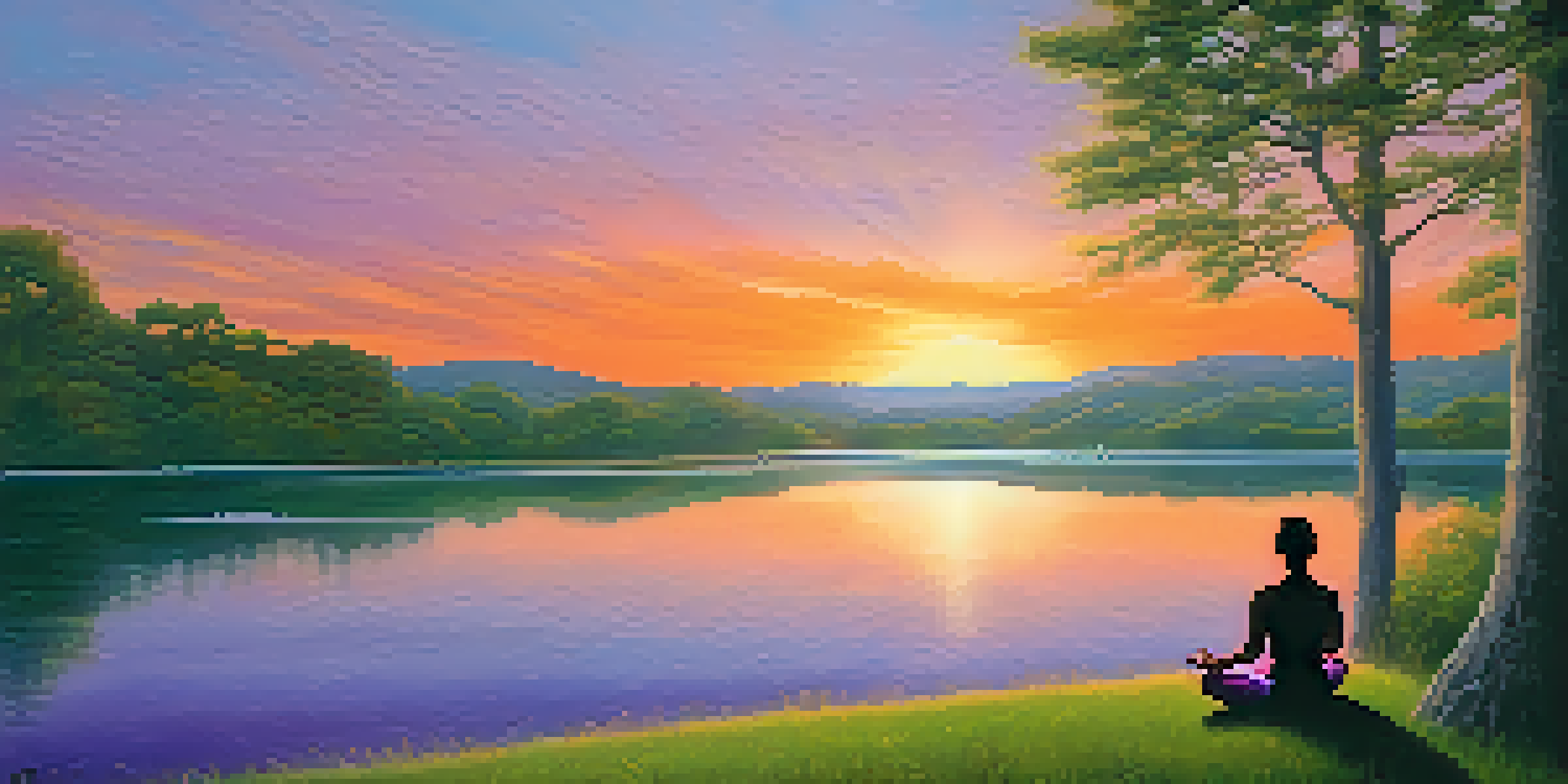 A person practicing yoga on a grassy hill at sunset, surrounded by trees and a calm lake, promoting tranquility and wellness.