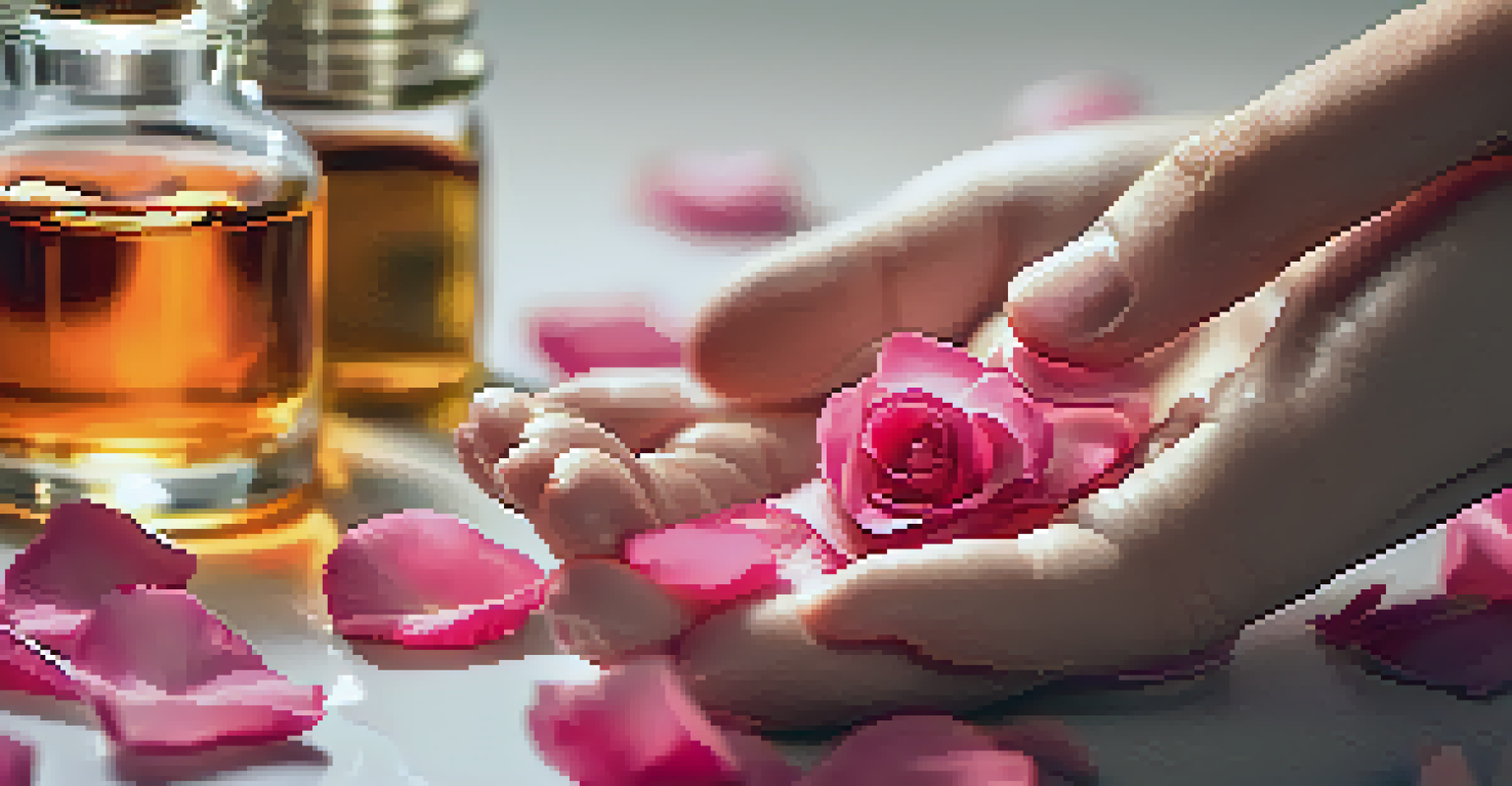 A close-up of a hand holding a dropper bottle of rose essential oil with rose petals in the background.