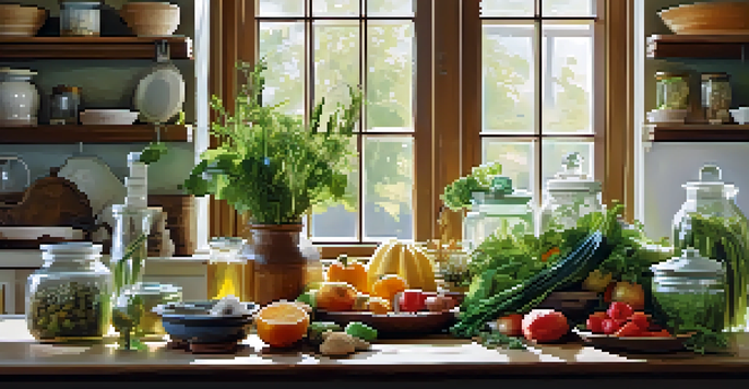 A peaceful kitchen setting with a wooden table filled with fresh fruits, vegetables, and herbal jars, illuminated by soft morning light.