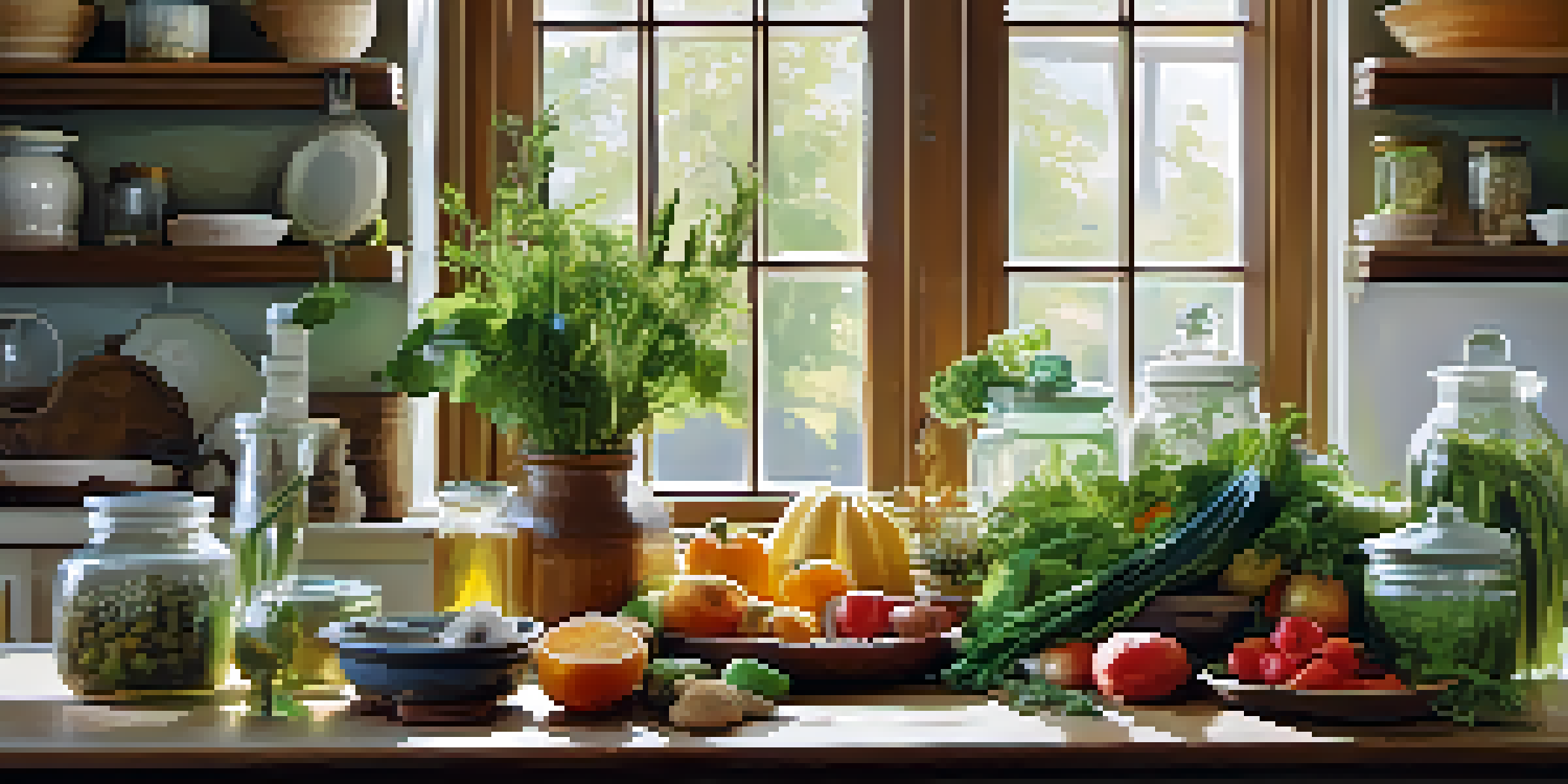 A peaceful kitchen setting with a wooden table filled with fresh fruits, vegetables, and herbal jars, illuminated by soft morning light.