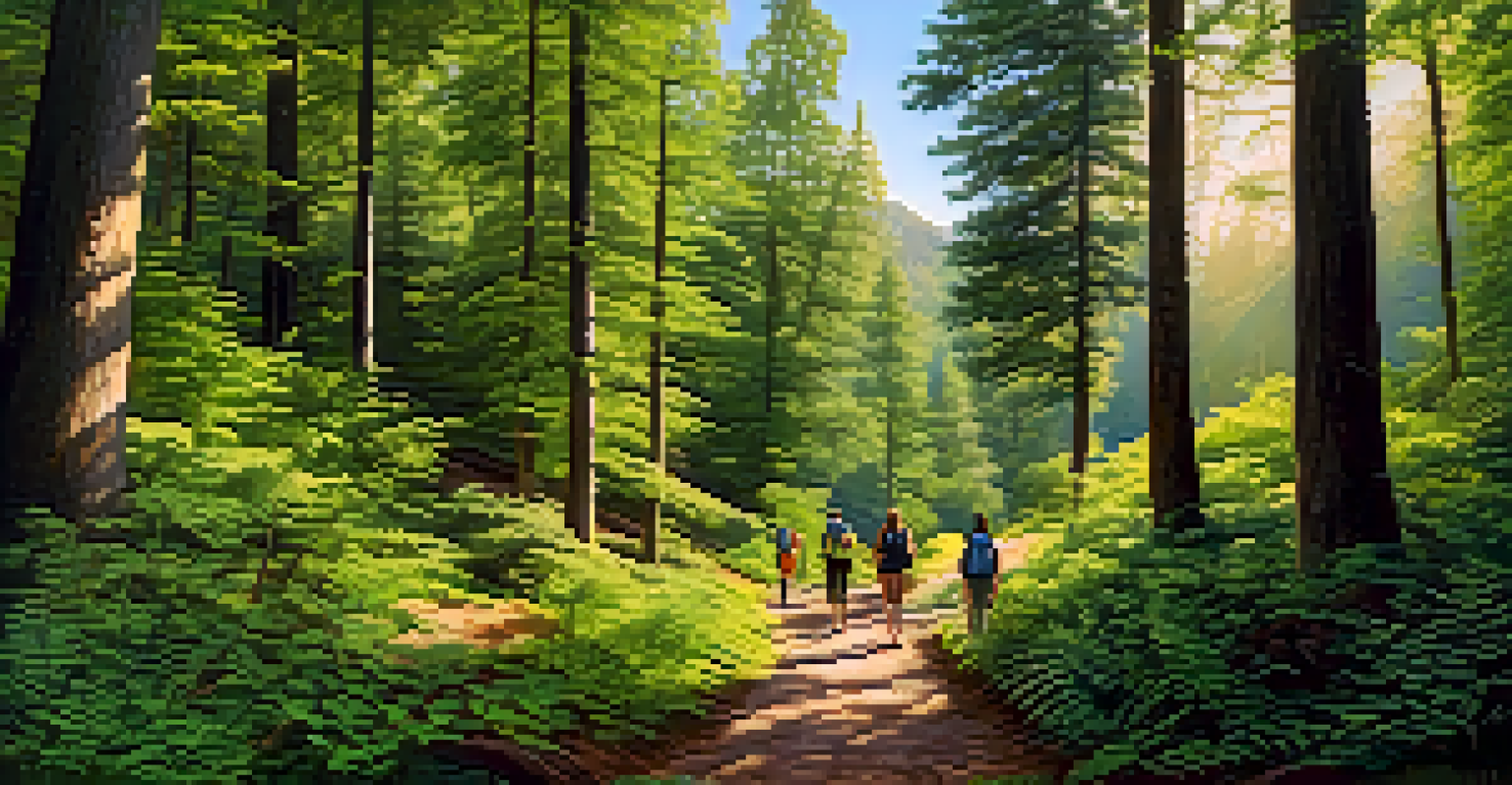A scenic hiking trail in a lush forest with people enjoying outdoor activities, emphasizing the connection between nature and mental health.