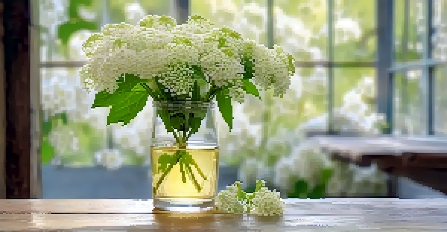 A glass of elderflower syrup next to elderflower blossoms, set on a rustic table with a green background.