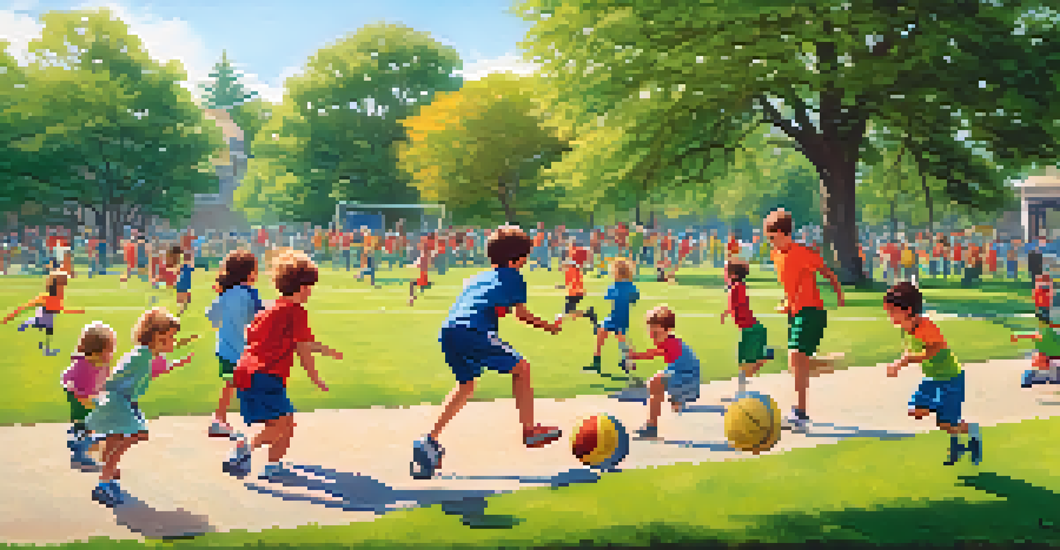Children playing team sports in a vibrant park with parents cheering from the sidelines.