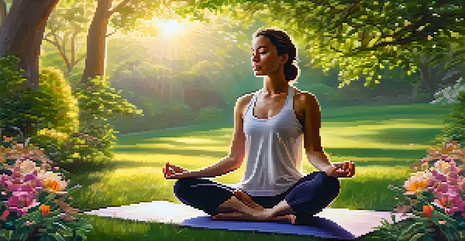 A woman practicing yoga in a serene park during sunset, surrounded by nature.