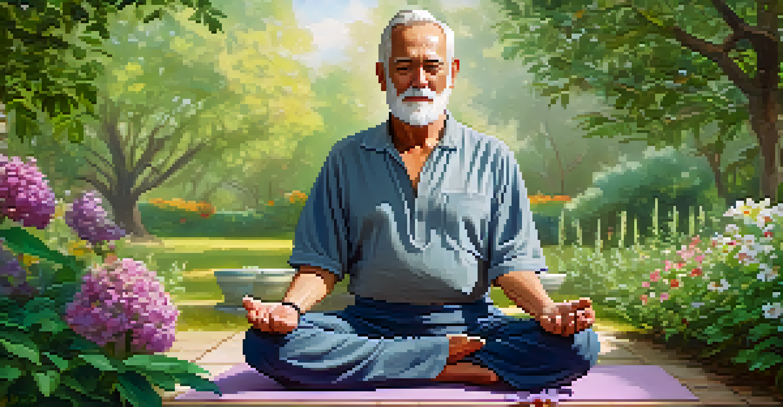 An older man practicing yoga in a peaceful garden, with essential oils on a nearby table.