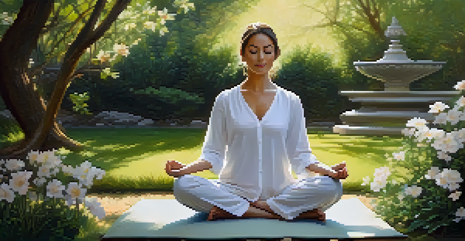 A person meditating in a serene garden surrounded by flowers and soft sunlight.