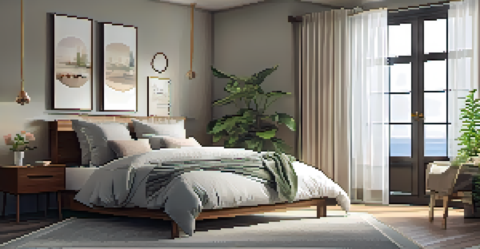 A cozy and peaceful bedroom setup with a neatly made bed, soft lighting, and plants, creating a calming atmosphere.