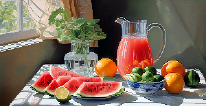 A glass pitcher of water surrounded by slices of watermelon, cucumber, and orange on a pastel tablecloth with sunlight filtering through a window.