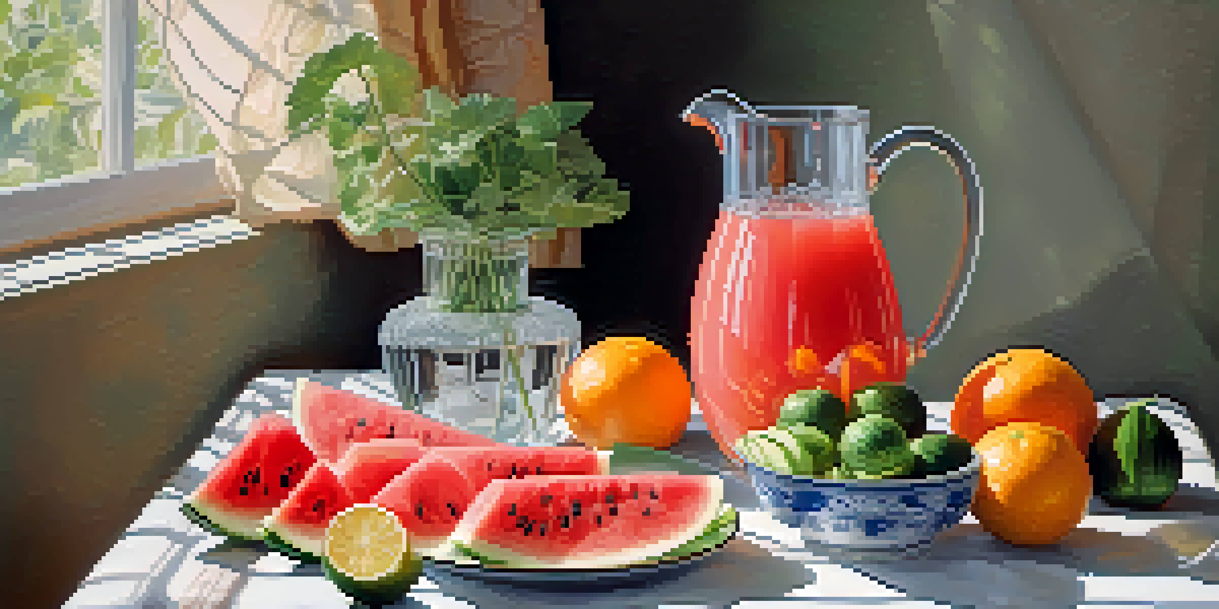 A glass pitcher of water surrounded by slices of watermelon, cucumber, and orange on a pastel tablecloth with sunlight filtering through a window.