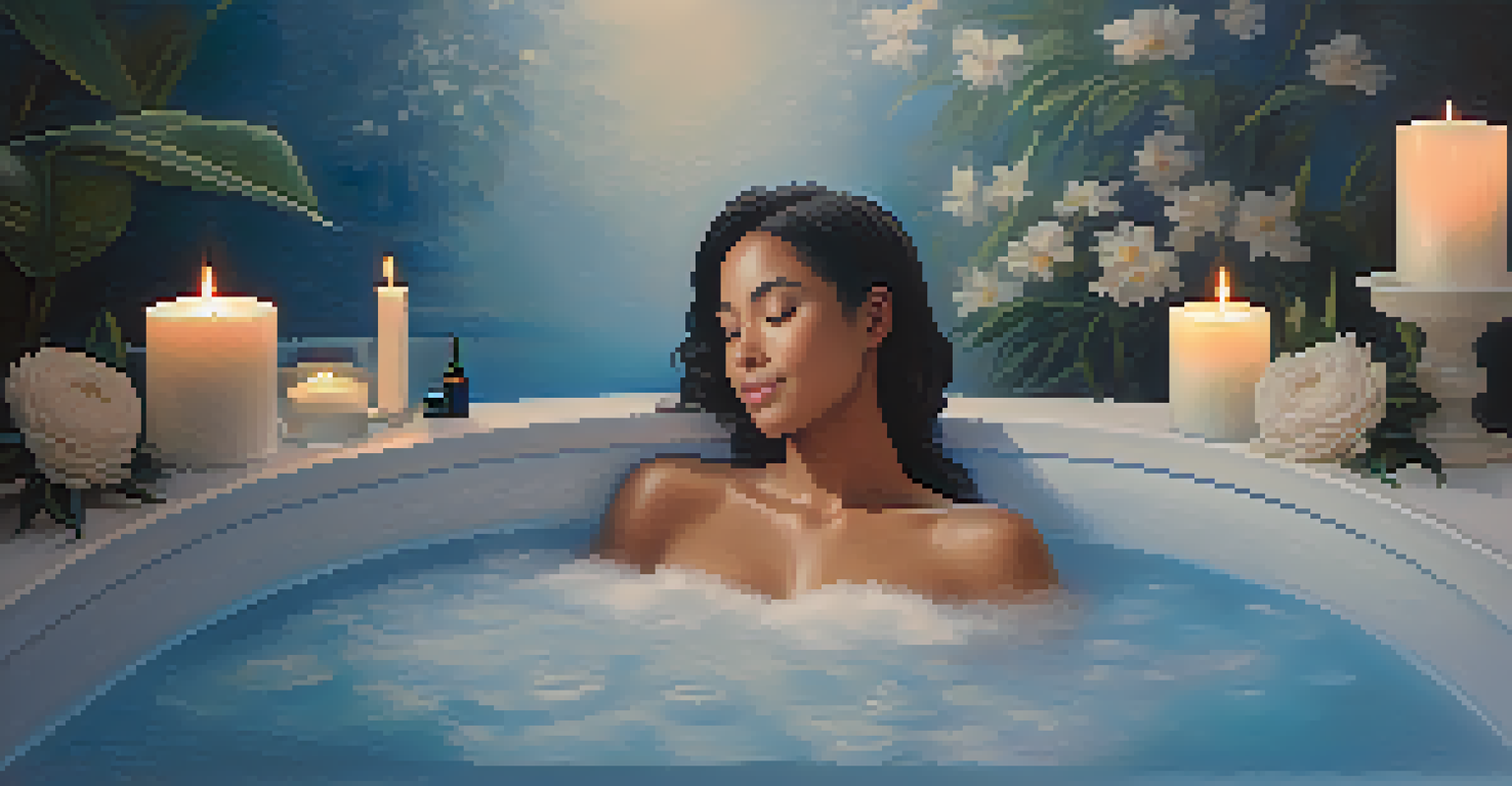 A relaxing spa bath with candles, flowers, and essential oils, creating a tranquil atmosphere with soft lighting and steam rising.