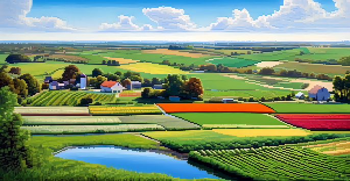 A picturesque sustainable farm with diverse crops and a clear blue sky, depicting a farmer practicing crop rotation amidst vibrant green fields.