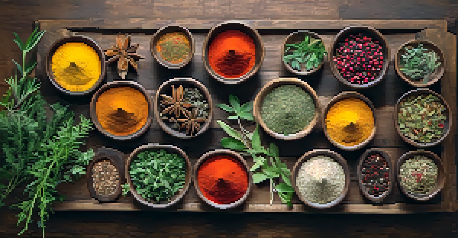 A rustic table displaying an assortment of colorful herbs and spices for naturopathic treatments.