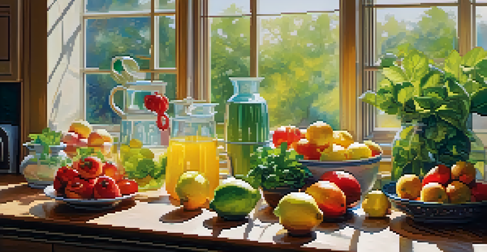 A bright kitchen with fresh fruits and vegetables on a countertop, and infused water in a pitcher, illuminated by sunlight.