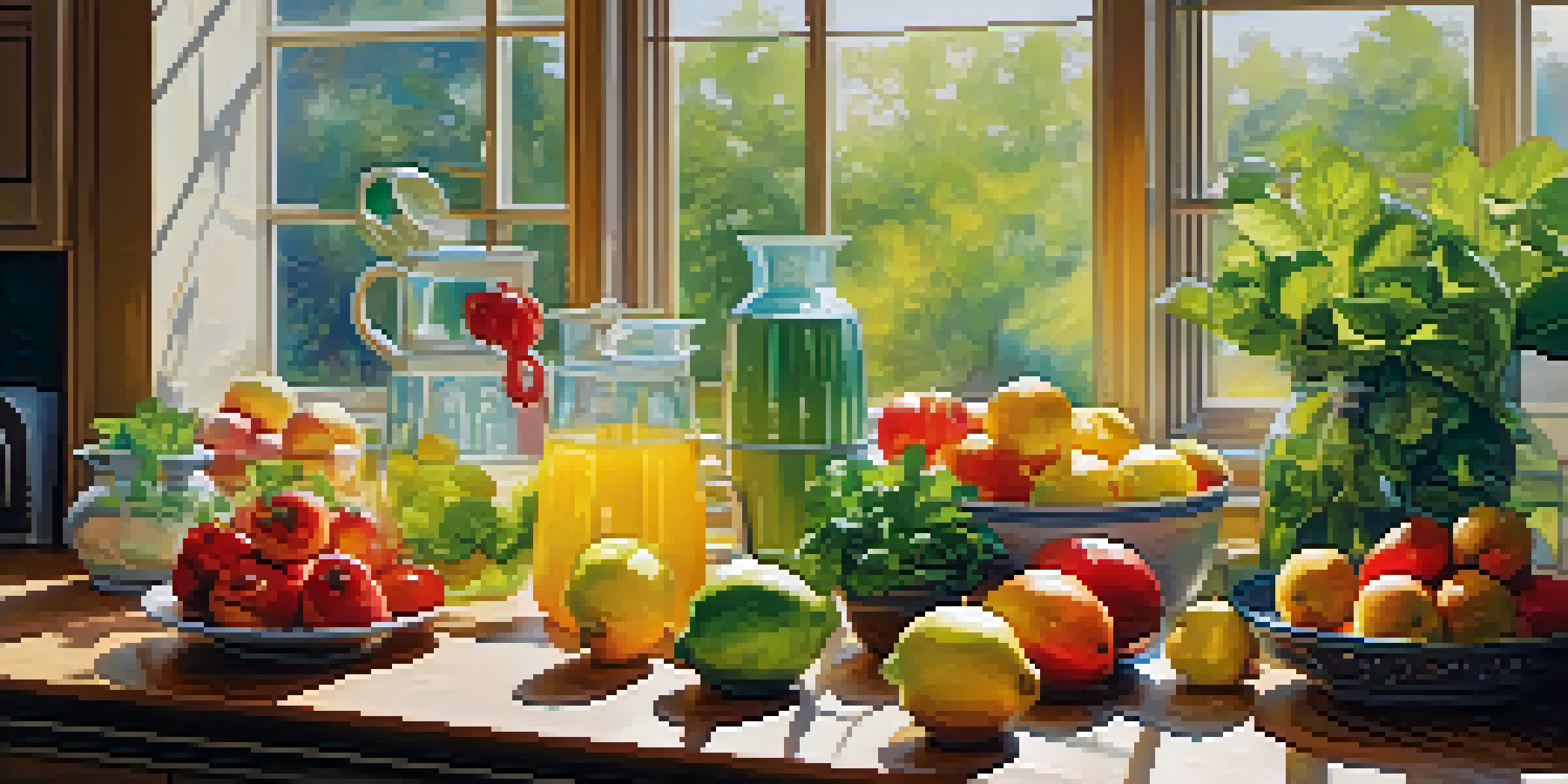 A bright kitchen with fresh fruits and vegetables on a countertop, and infused water in a pitcher, illuminated by sunlight.