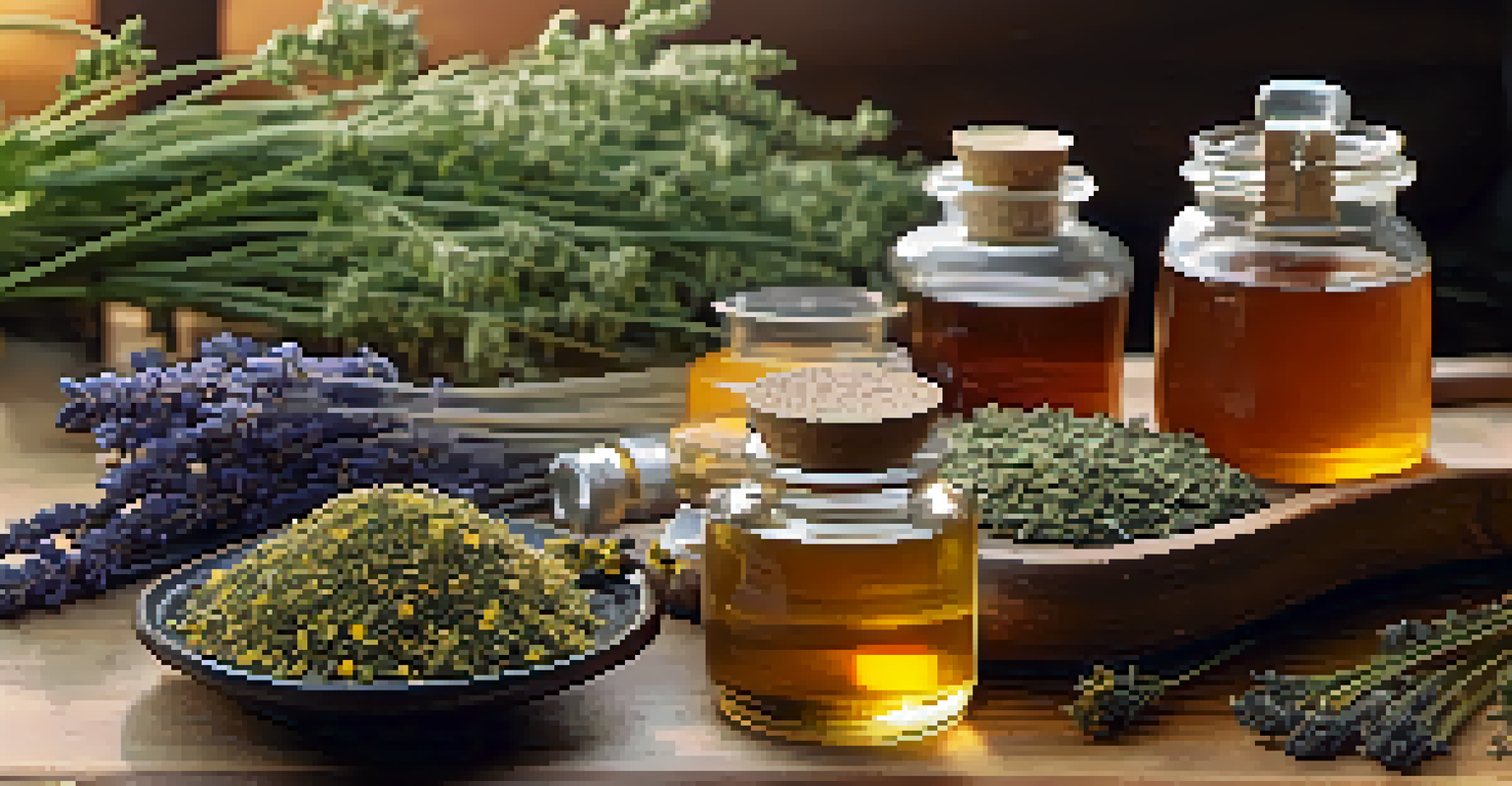A wooden table with jars of herbal remedies and a cup of herbal tea, showcasing different herbs.