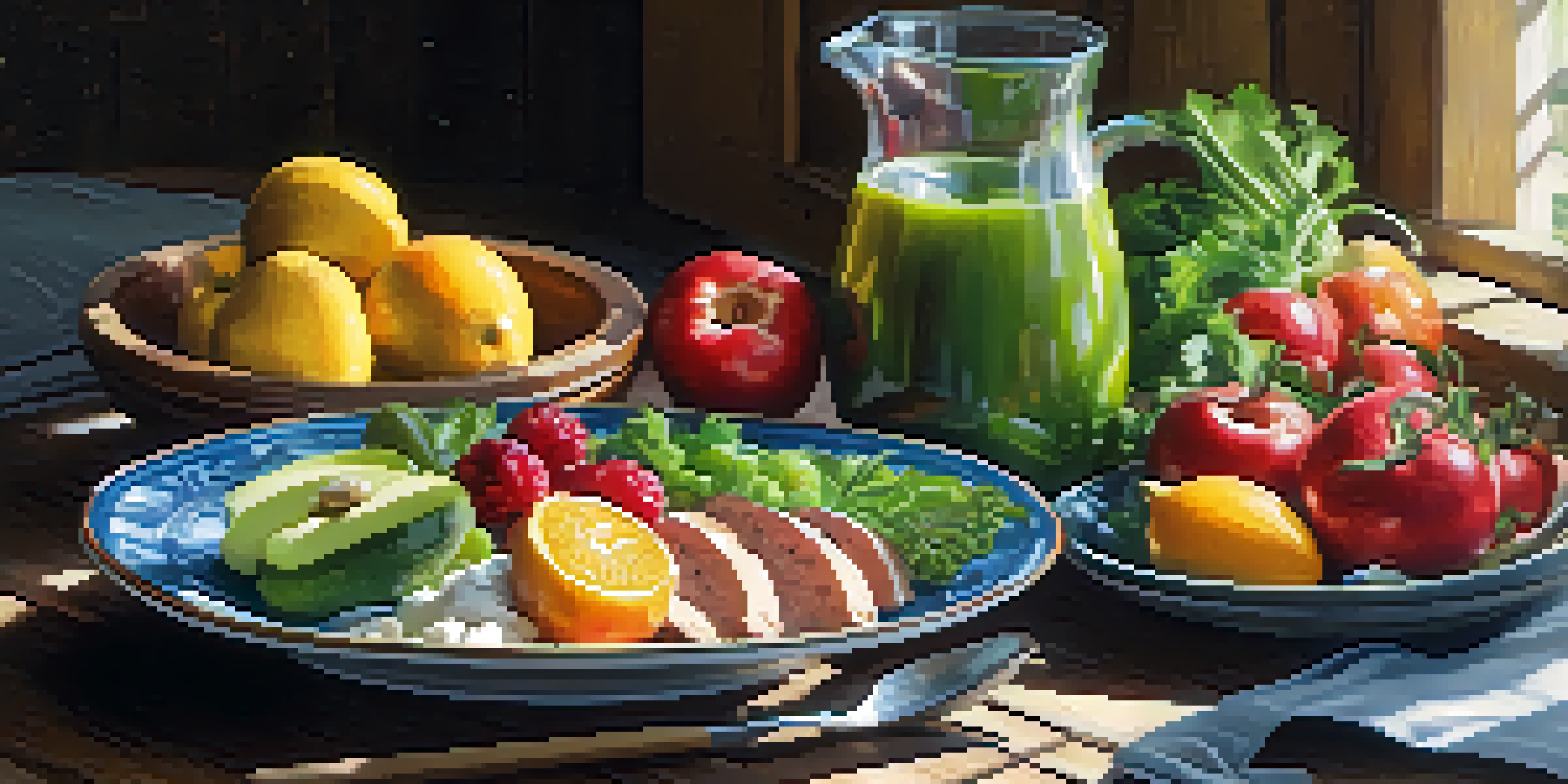 A colorful plate of whole foods including fruits, vegetables, and grains on a rustic wooden table illuminated by natural sunlight.