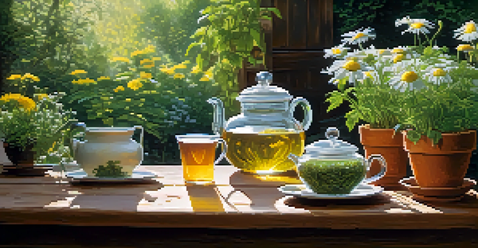 A rustic wooden table in a lush garden, showcasing various herbal plants in terracotta pots and an array of herbal teas in glass jars, with a steaming cup of chamomile tea in the foreground.